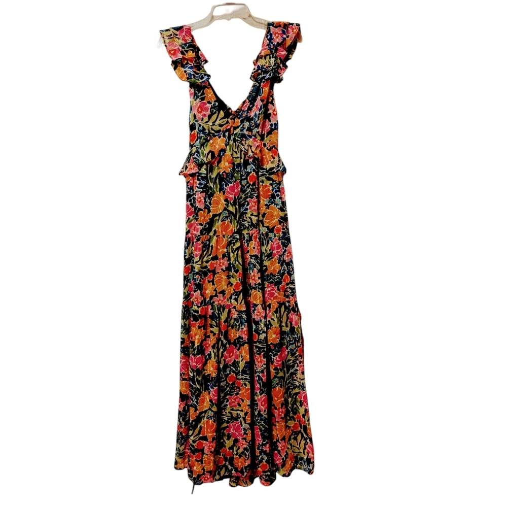 💥SALE💥New Aqua Bloomingdales Floral Chiffon Tiered Maxi Dress V Neck Ruffles M - Picture 2 of 13